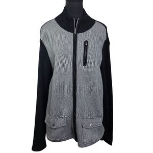 Ralph Lauren Black And White Herringbone Full Zip Cardigan Sweater XL
